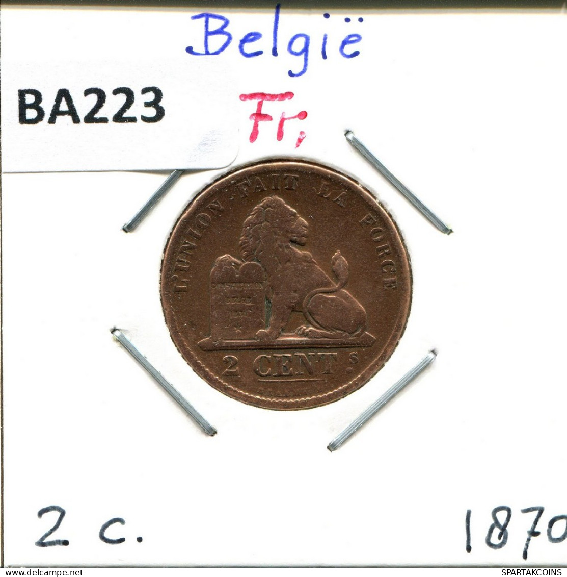 2 CENTIMES 1870 FRENCH Text BELGIQUE BELGIUM Pièce #BA223.F - 2 Cent