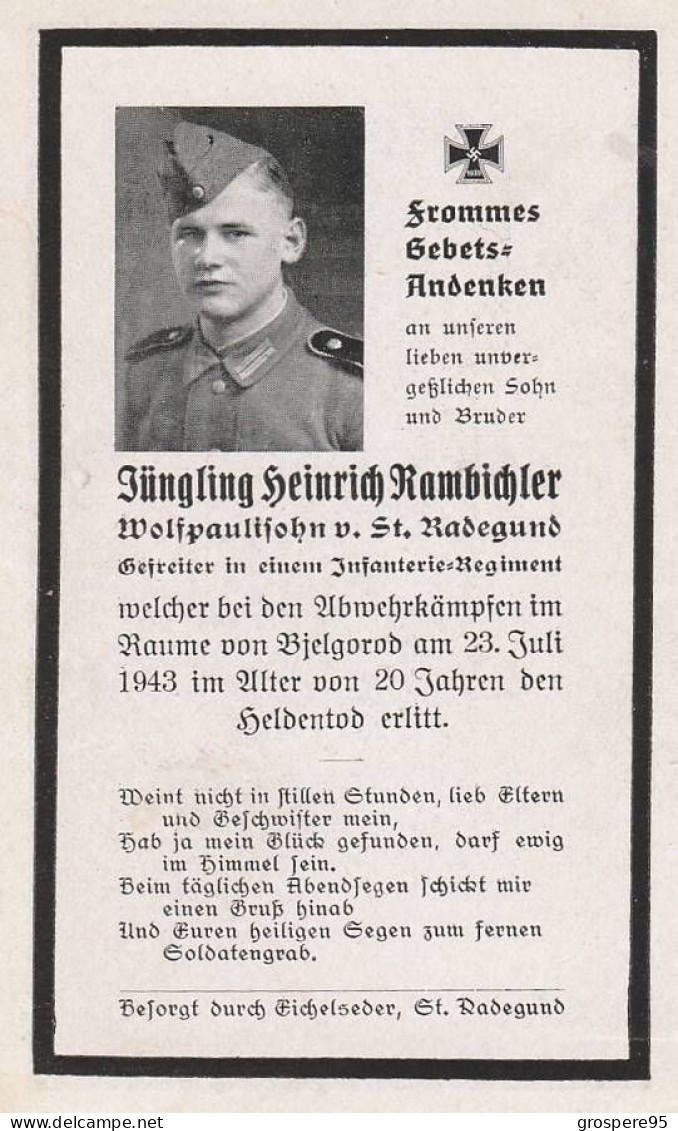 SOLDAT ALLEMAND AVIS DE DECES 1943 - Esquela