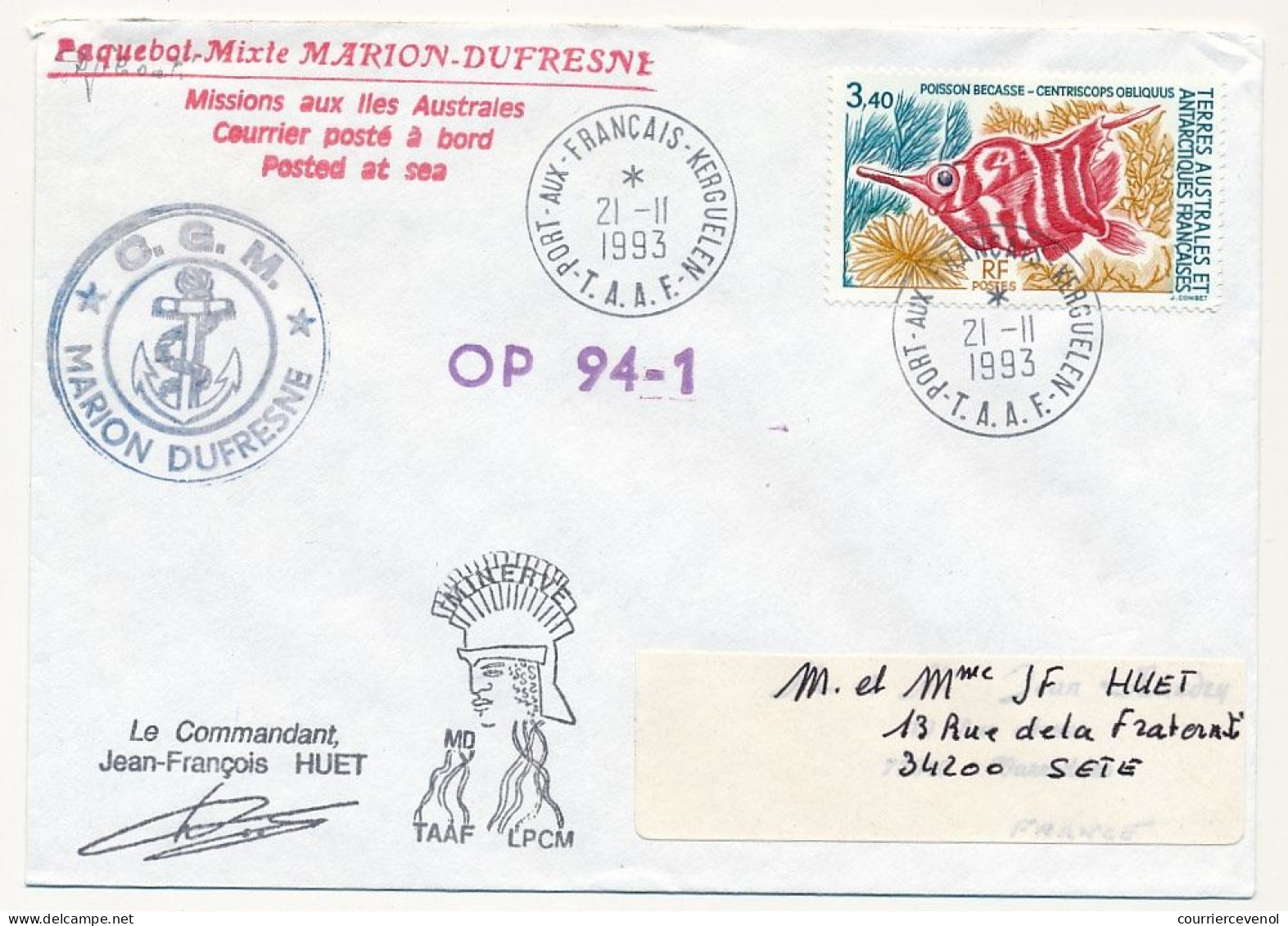 TAAF - Env. Aff 3,40 Poisson Bécasse, Obl Port Aux Français Kerguelen 21/11/1993 - Marion Dufresne, Opération Minerve - Storia Postale