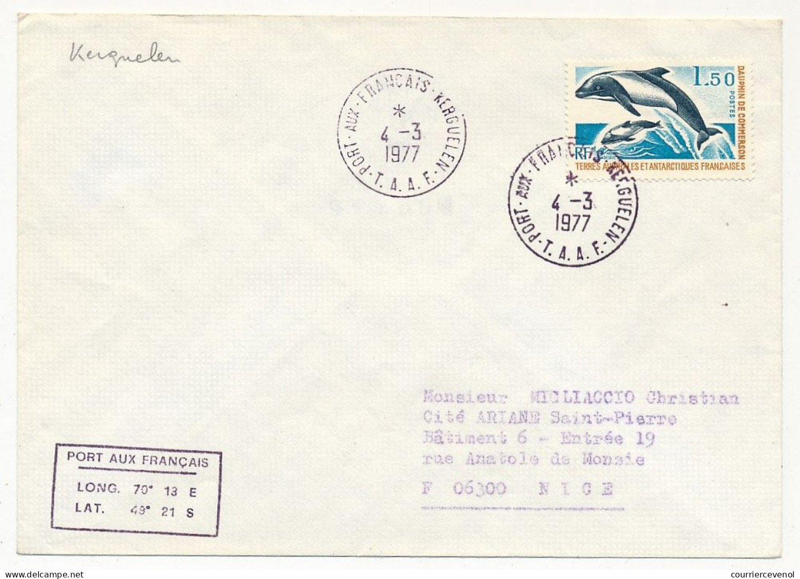 TAAF - Env. Aff 1,50 Dauphin De Commerson, Obl Port Aux Français Kerguelen 4/3/1977 - Covers & Documents