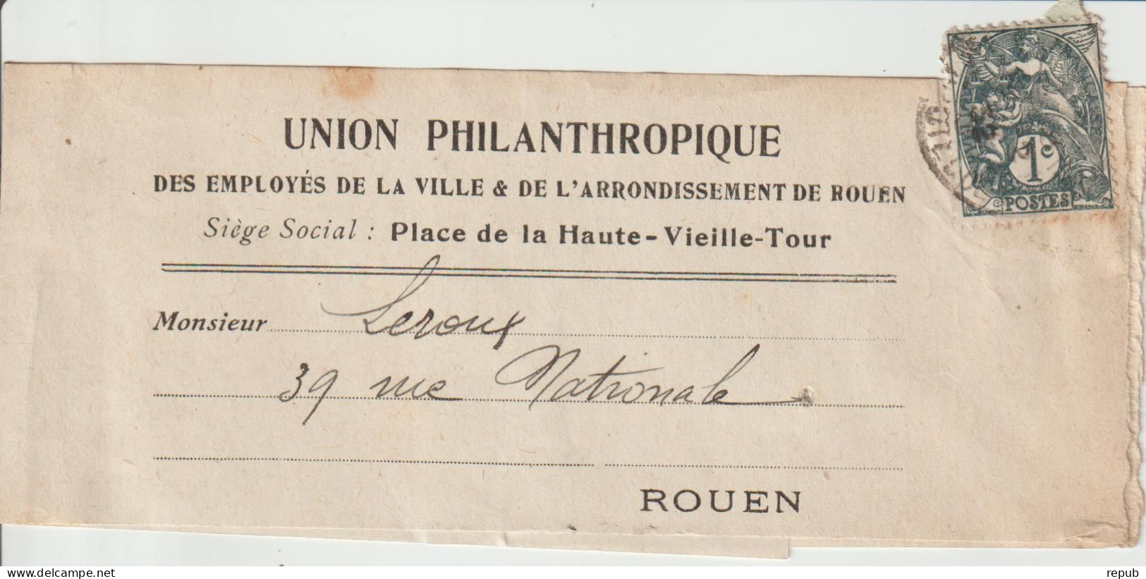 France 1c Blanc Sur Bande Pour Journaux Union Philanthropique Rouen - 1900-29 Blanc