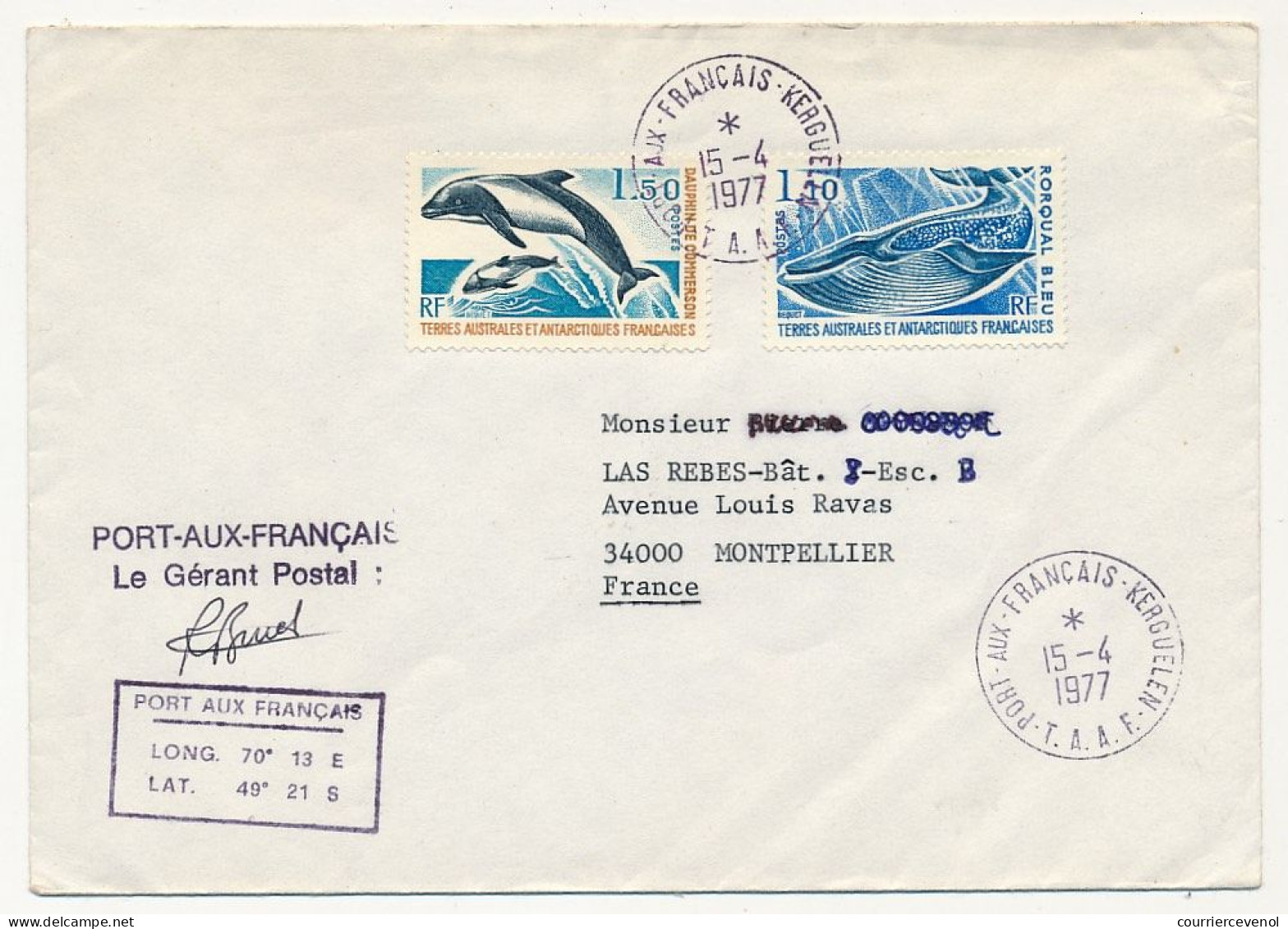 TAAF - Env. Aff 1,50 Dauphin De Commerson + 1,10 Rorqual Bleu - Obl Port Aux Français Kerguelen 15/4/1977 - Covers & Documents