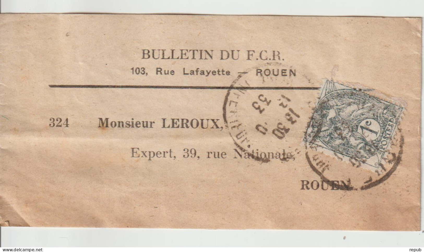 France 1c Blanc Sur Bande Pour Journaux Bulletin Du FCR Football Club Rouen - 1900-29 Blanc