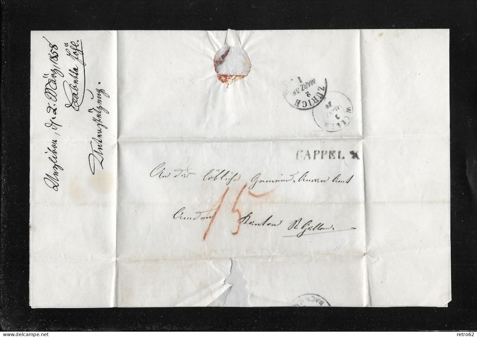 1858 BoM Brief Ohne Marke ► Brief Mit Balkenstempel CAPPEL Winkler 3294a/4 Und Entwertungen ZÜRICH Und WEESEN - ...-1845 Préphilatélie