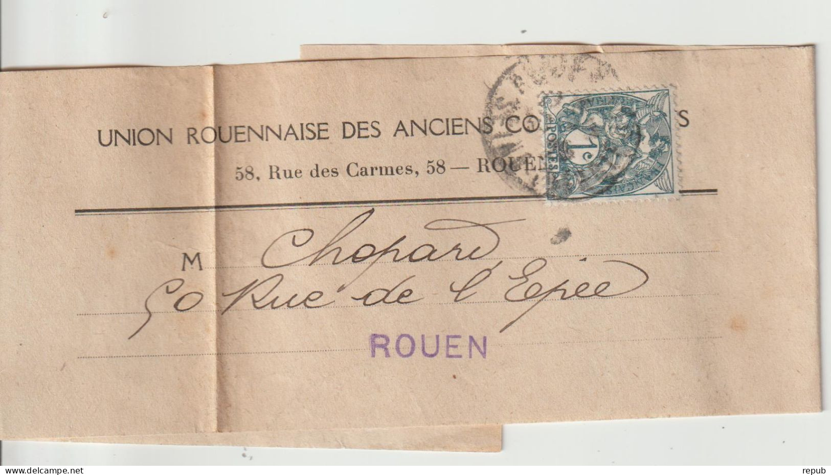 France 1c Blanc Sur Bande Pour Journaux Union Des Anciens Combattants Rouen - 1900-29 Blanc