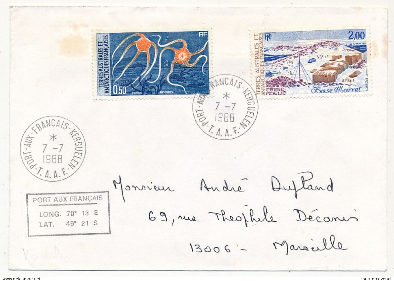 TAAF - Env. Aff 2,00 Base Marret + 0,50 Ophiures, Obl Port Aux Français Kerguelen 7/7/1988 - Covers & Documents