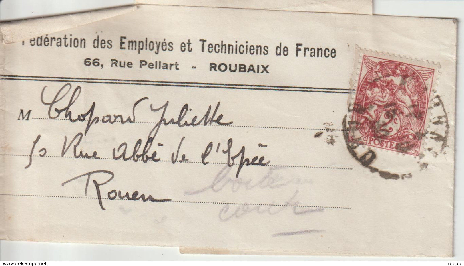 France 2c Blanc Sur Bande Pour Journaux Fédération Des Employés Roubaix - 1900-29 Blanc