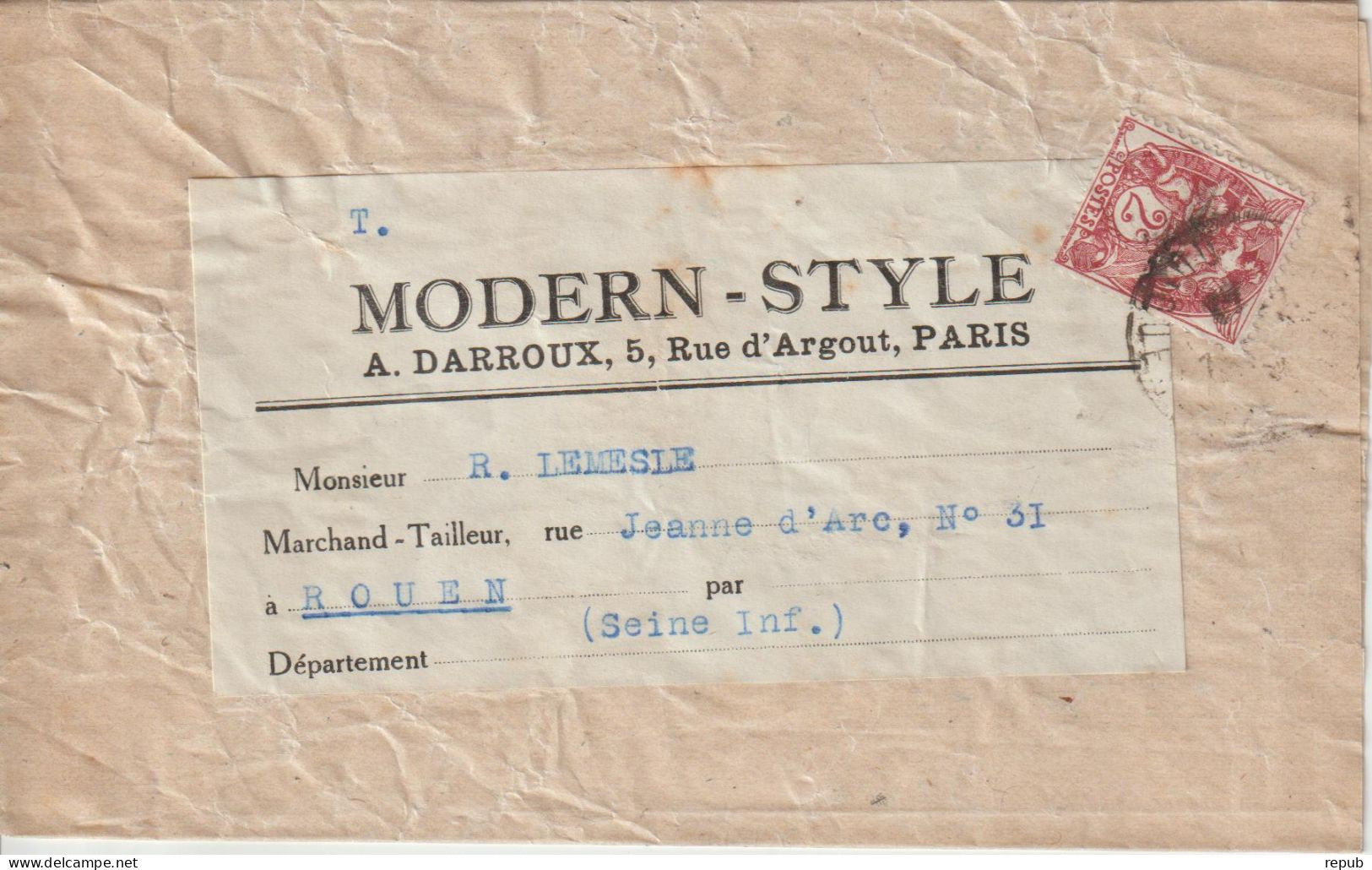 France 2c Blanc Sur Bande Pour Journaux Modern Style Paris - 1900-29 Blanc