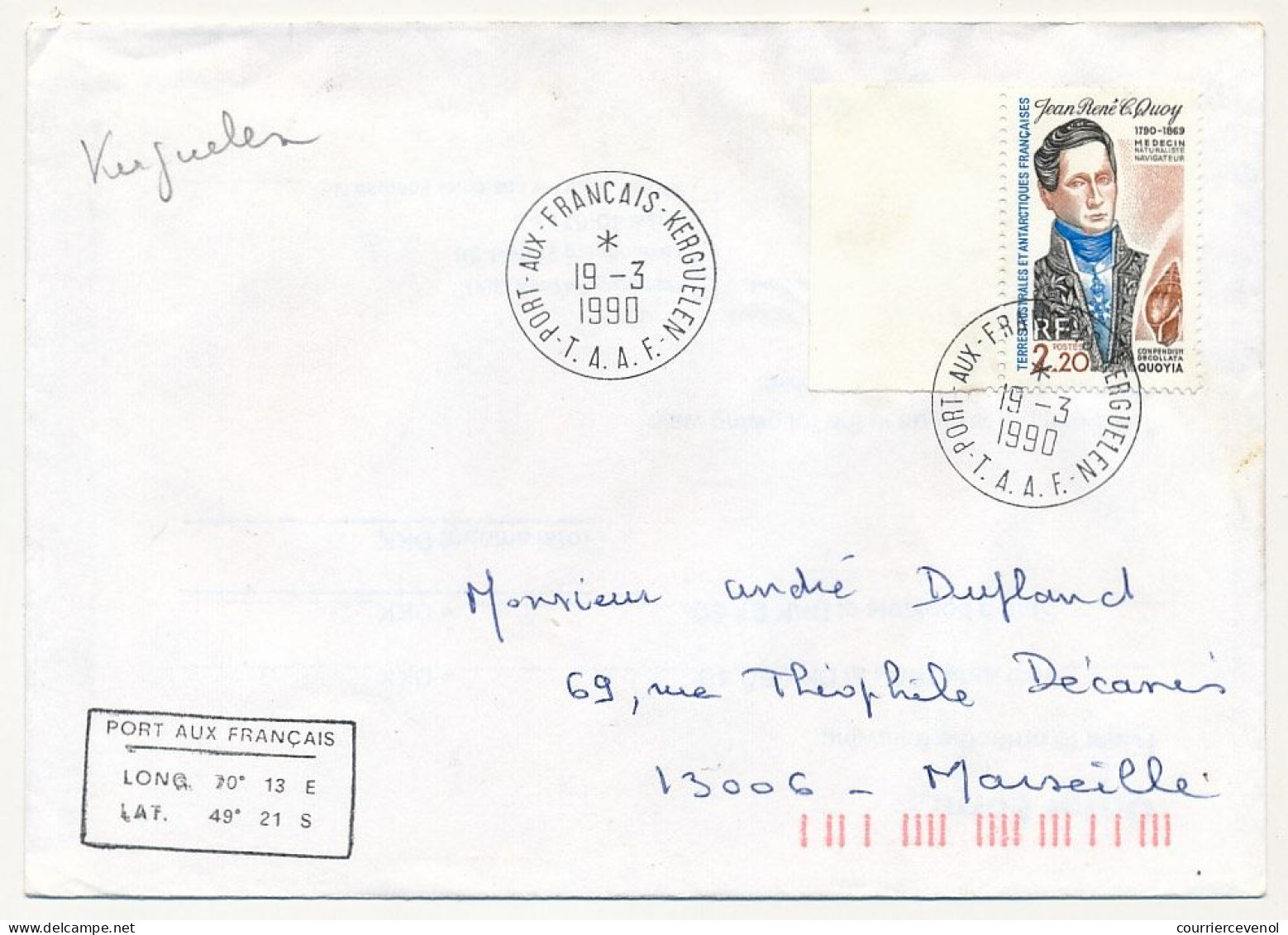 TAAF - Env. Aff 2,20 Jean René C.Quoy , Obl Port Aux Français Kerguelen 19/3/1990 - Storia Postale