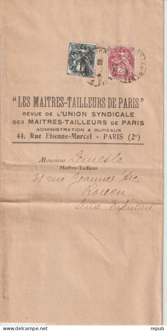 France 1c + 2c Blanc Sur Bande Pour Journaux Maitres Tailleurs Paris - 1900-29 Blanc