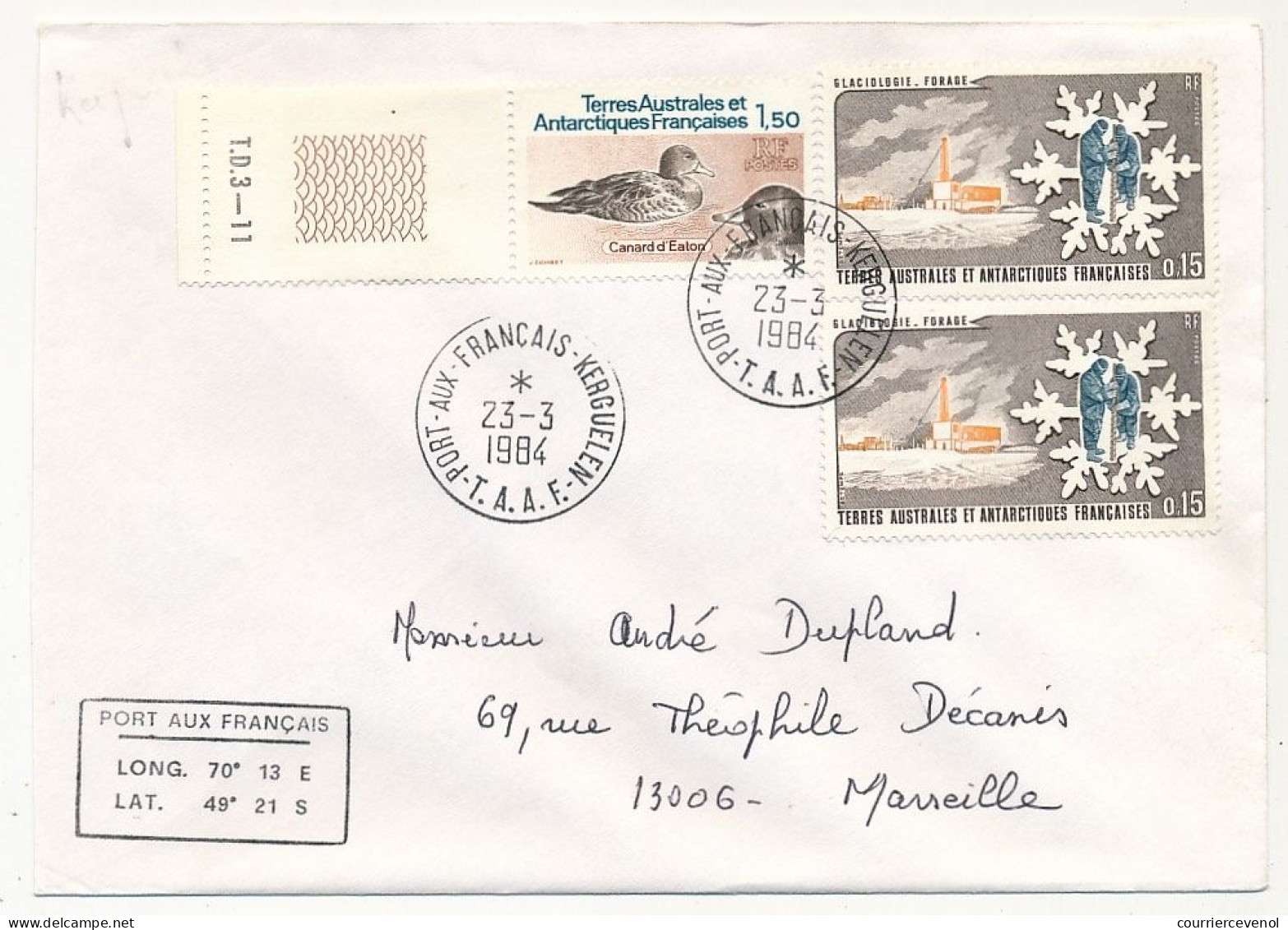 TAAF - Env. Aff 0,15 Glaciologie Forage X2 + 1,50 Canard D'Eston, Obl Port Aux Francais...23/3/1984 - Lettres & Documents