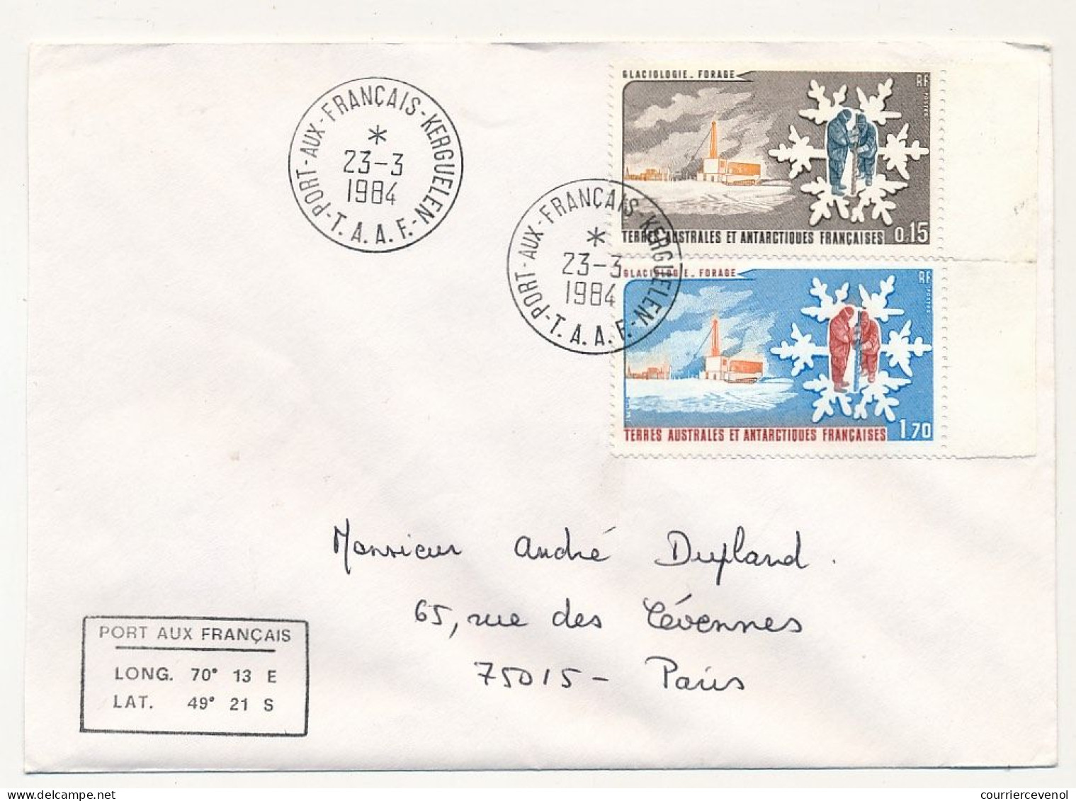 TAAF - Env. Aff 0,15 Et 1,70 Glaciologie Forage, Obl Port Aux Francais- Kerquelen 23/3/1984 - Lettres & Documents