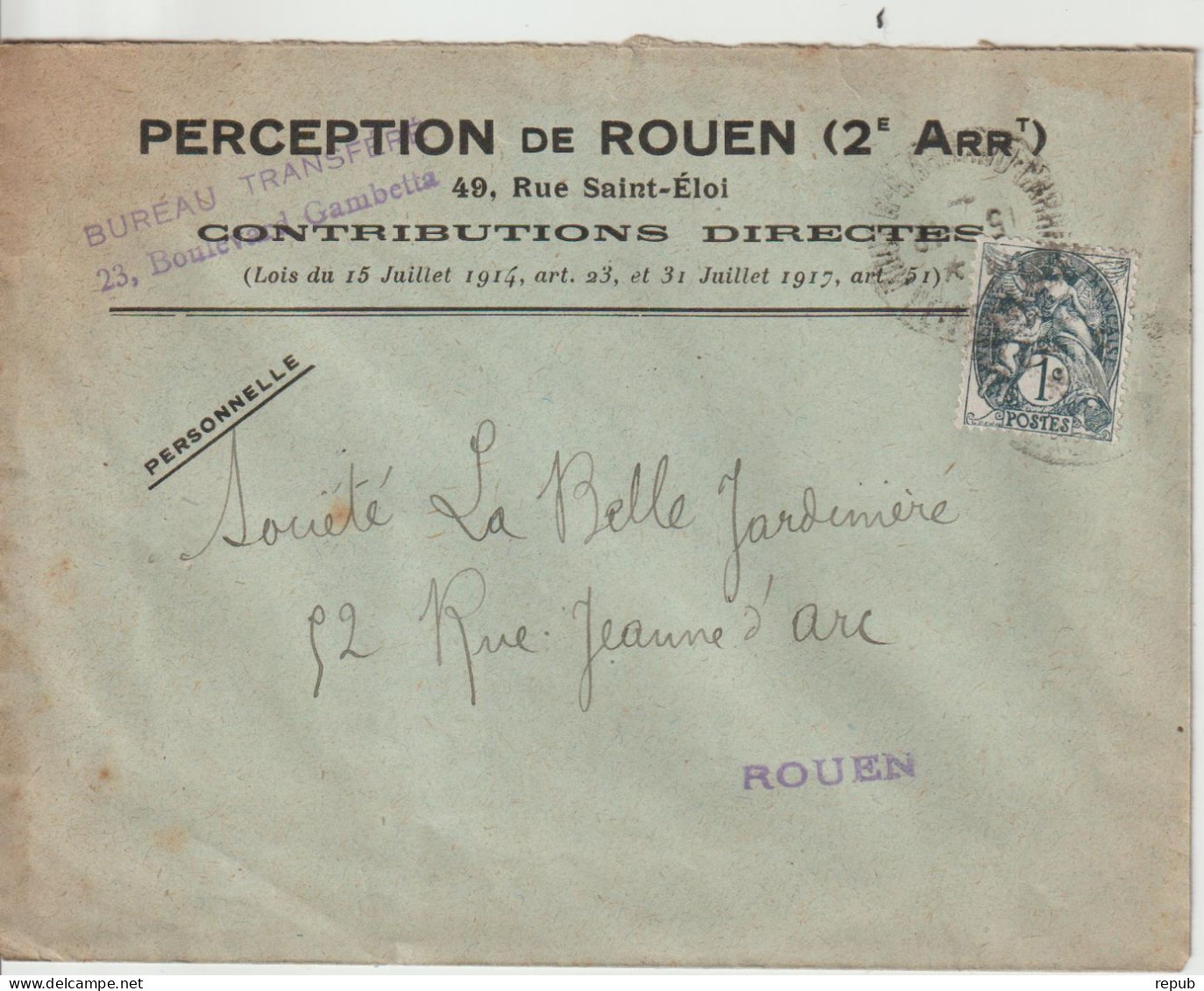 France 1c Blanc Envoi Perception Rouen - 1900-29 Blanc