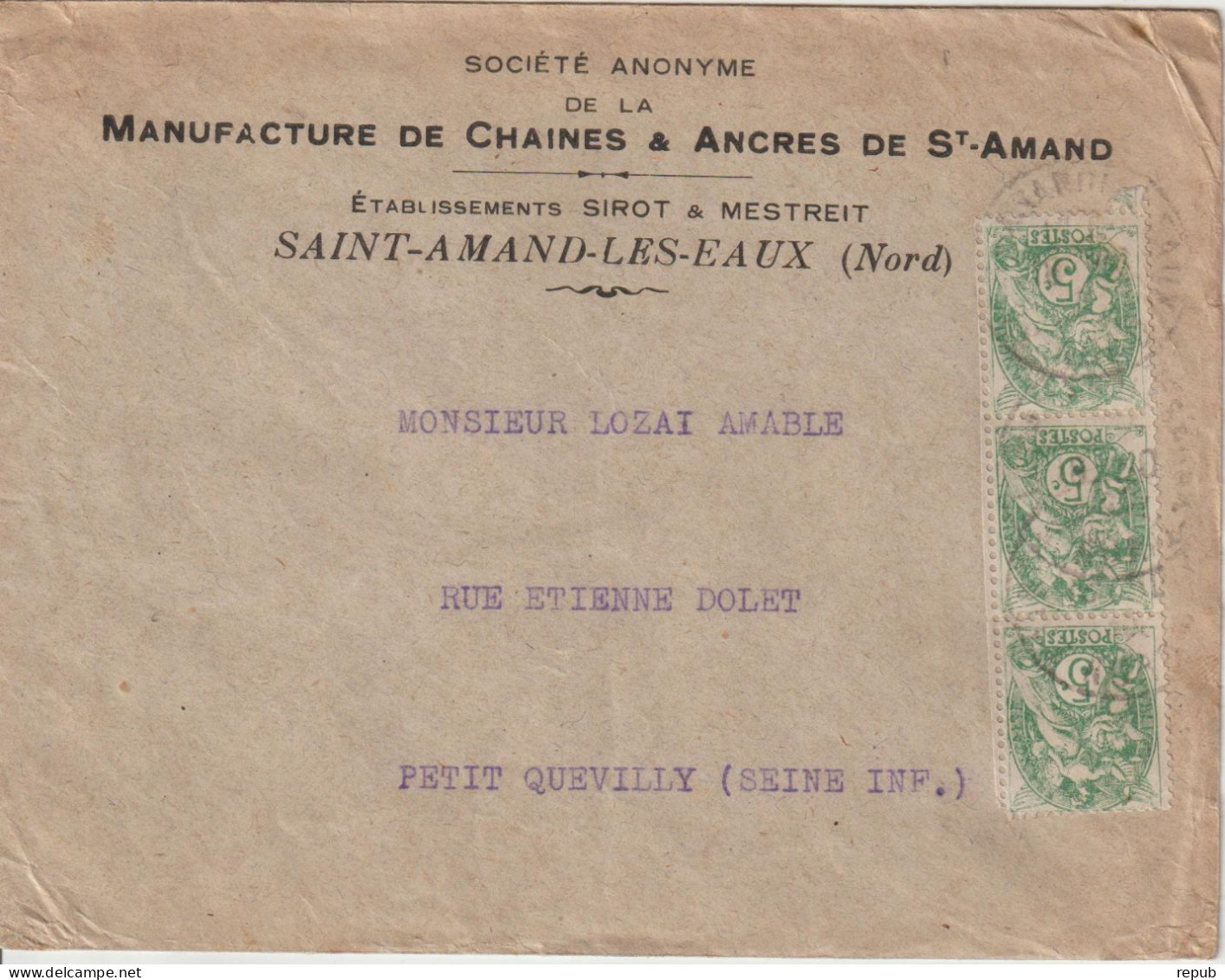 France Bande De 3 Du 5c Blanc Entete Manufacture Chaines Et Ancres St Amand (59) - 1900-29 Blanc