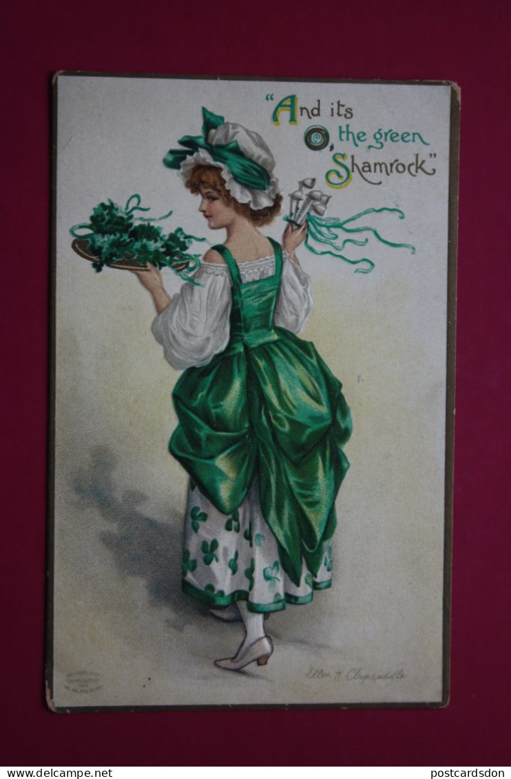 Ellen Clapsaddle Signed-Young Girl "And It's The Green Shamrock' - Old Vintage Relief Postcard - 1900s - Clapsaddle