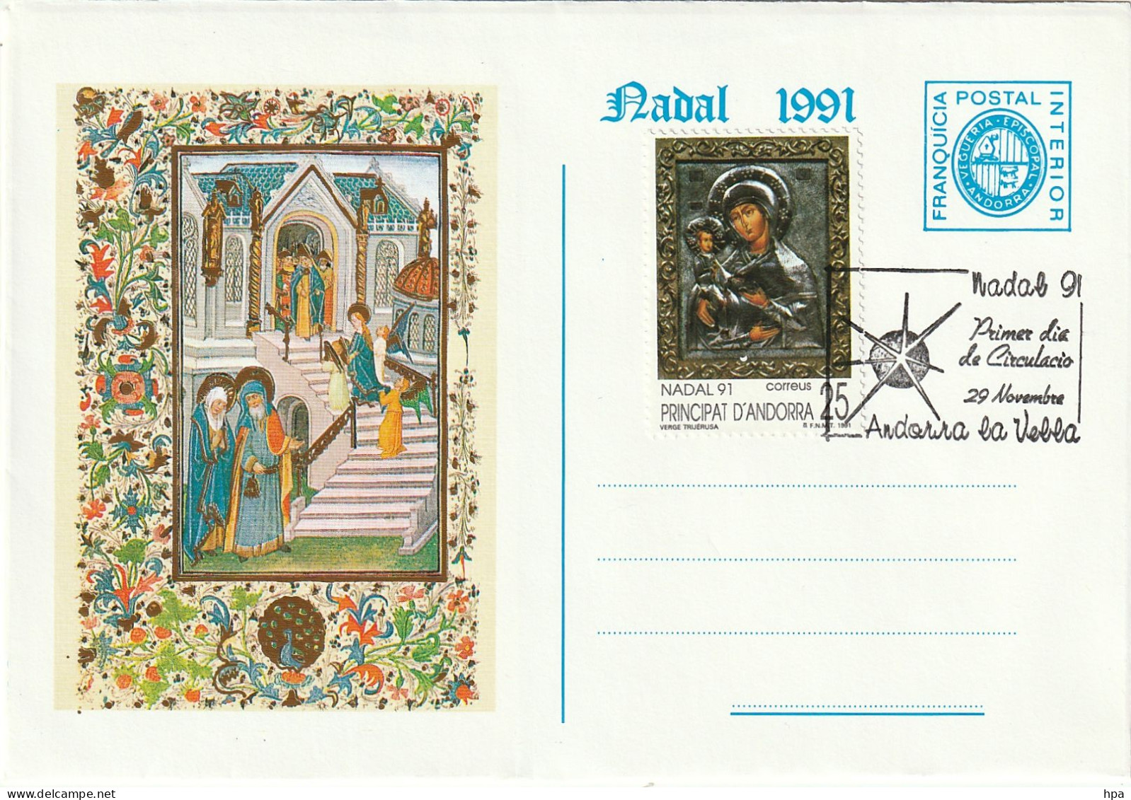 Enveloppe  Illustrée -  Nadal 1991 - Oblitéré Du 29 Novembre 91 Avec Timbre D'Andorre Espagnol 25 Pta - Vicariato Episcopale