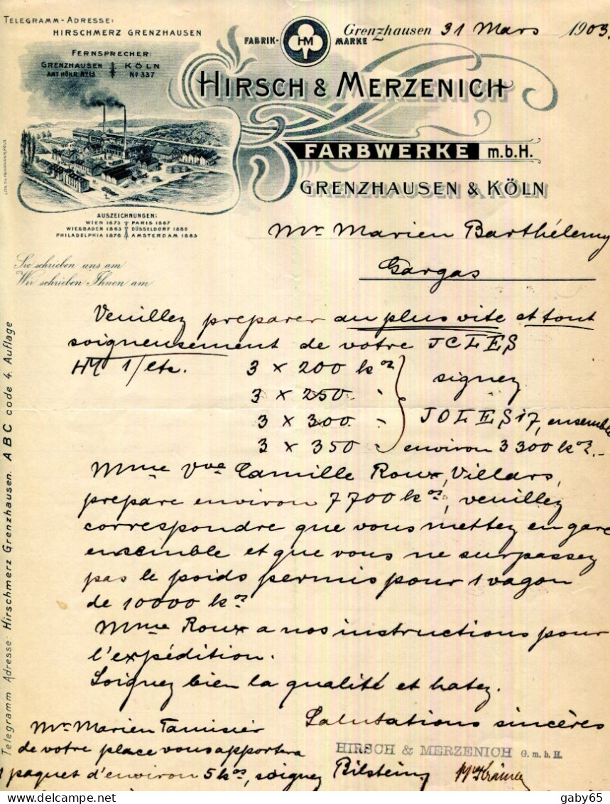 FACTURE.ALLEMAGNE.GRENZHAUSEN & KÖLN.HIRSCH & MEZENICH FARBWERKE. - Altri & Non Classificati