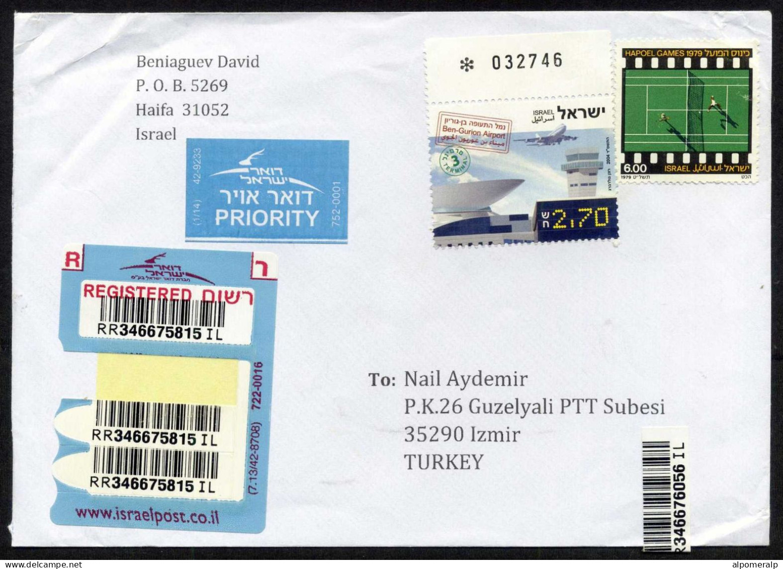 Israel To Türkiye Registered Mail | Mi 1799, 794 - Airport, Tennis, Aircraft, Aviation - Lettres & Documents