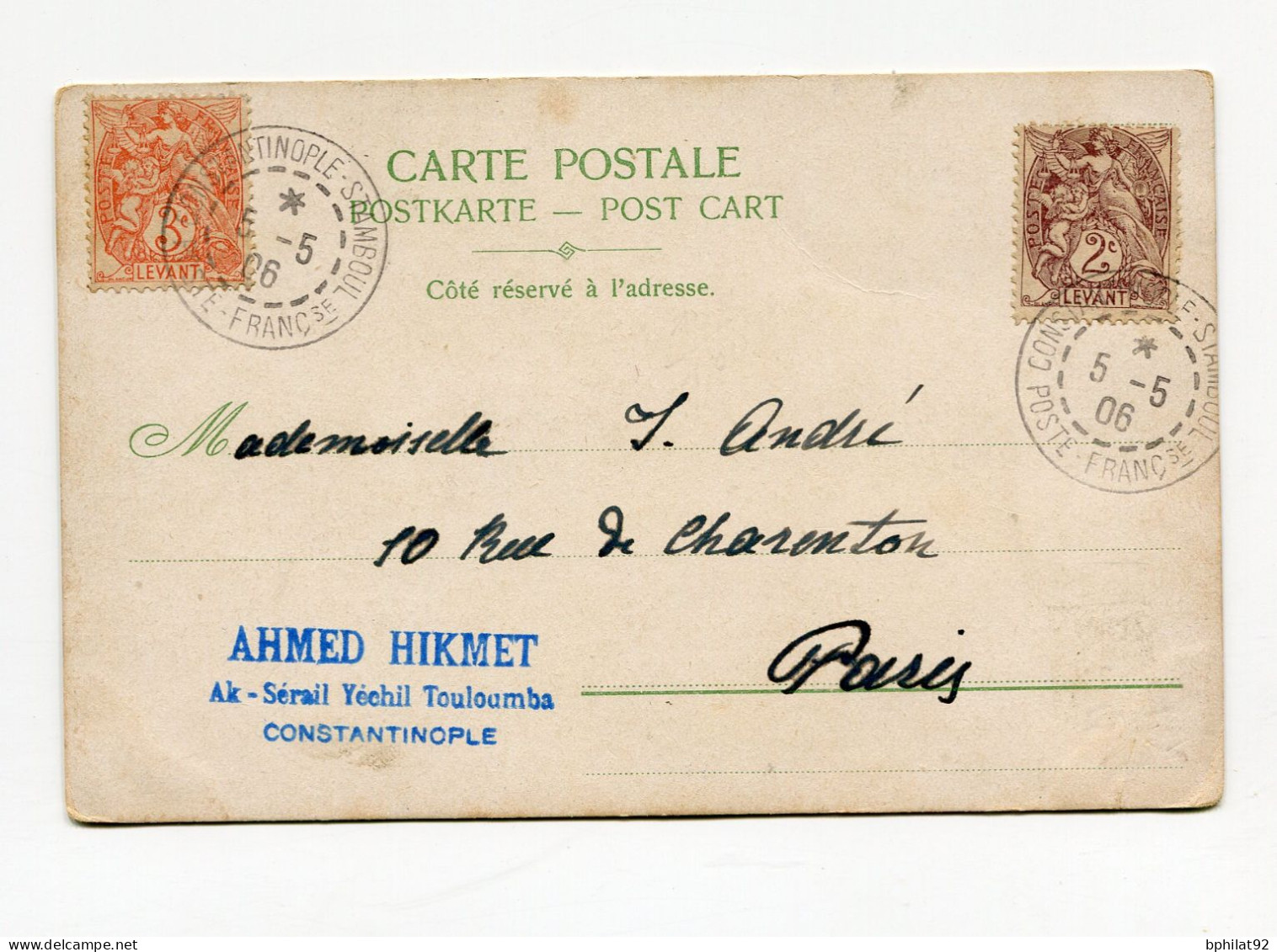 !!! TYPES BLANC SUR CPA, CACHET CONSTANTINOPLE - STAMBOUL POSTE FRANCAISE DU 5/5/1906 - Briefe U. Dokumente