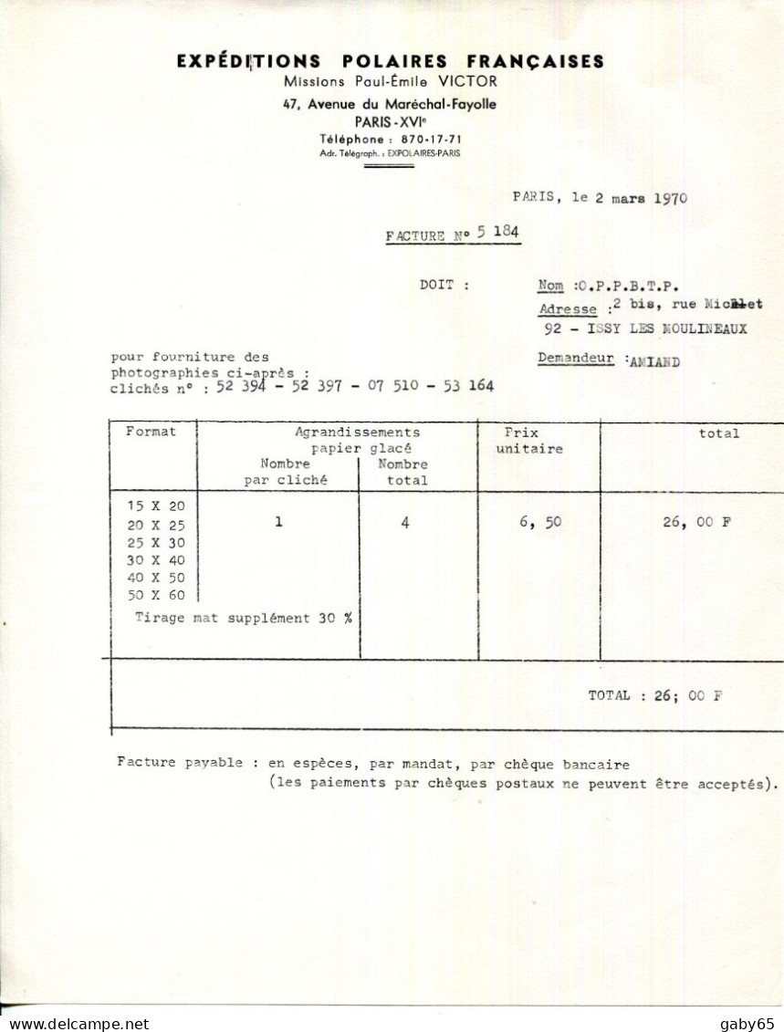 FACTURE.PARIS.EXPEDITIONS POLAIRES FRANÇAISES.MISSIONS PAUL-EMILE VICTOR 47 AVNUE DU MARECHAL FAYOLLE. - Sport & Turismo