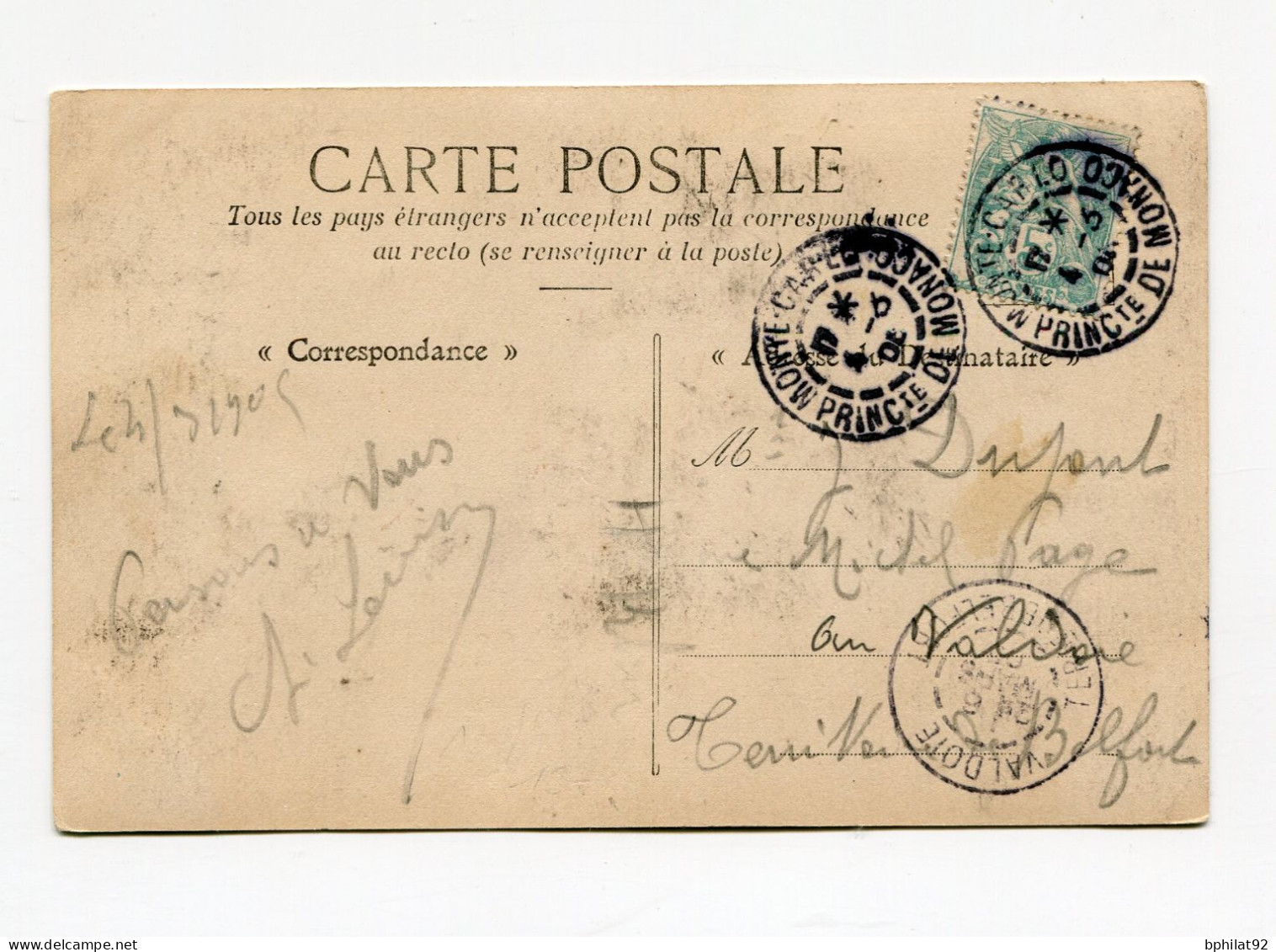 !!! 5C TYPE BLANC DE FRANCE SUR CPA DE 1904 DE MONTE CARLO, CACHET PRINCIPAUTE DE MONACO - Briefe U. Dokumente