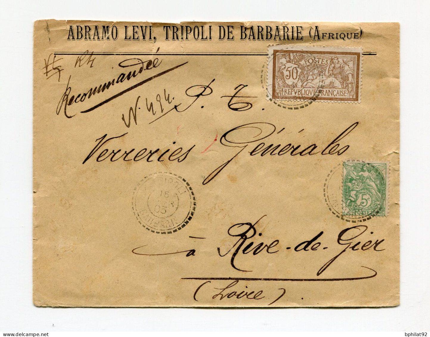 !!! TYPES BLANC ET MERSON DE FRANCE SUR LETTRE DE TRIPOLI DE BARBARIE DE 1903 - Brieven En Documenten