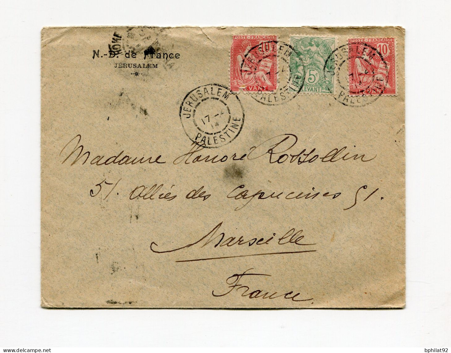 !!! TYPES BLANC ET MOUCHON SUR LETTRE DE JERUSALEM POUR MARSEILLE DE 1914 - Covers & Documents