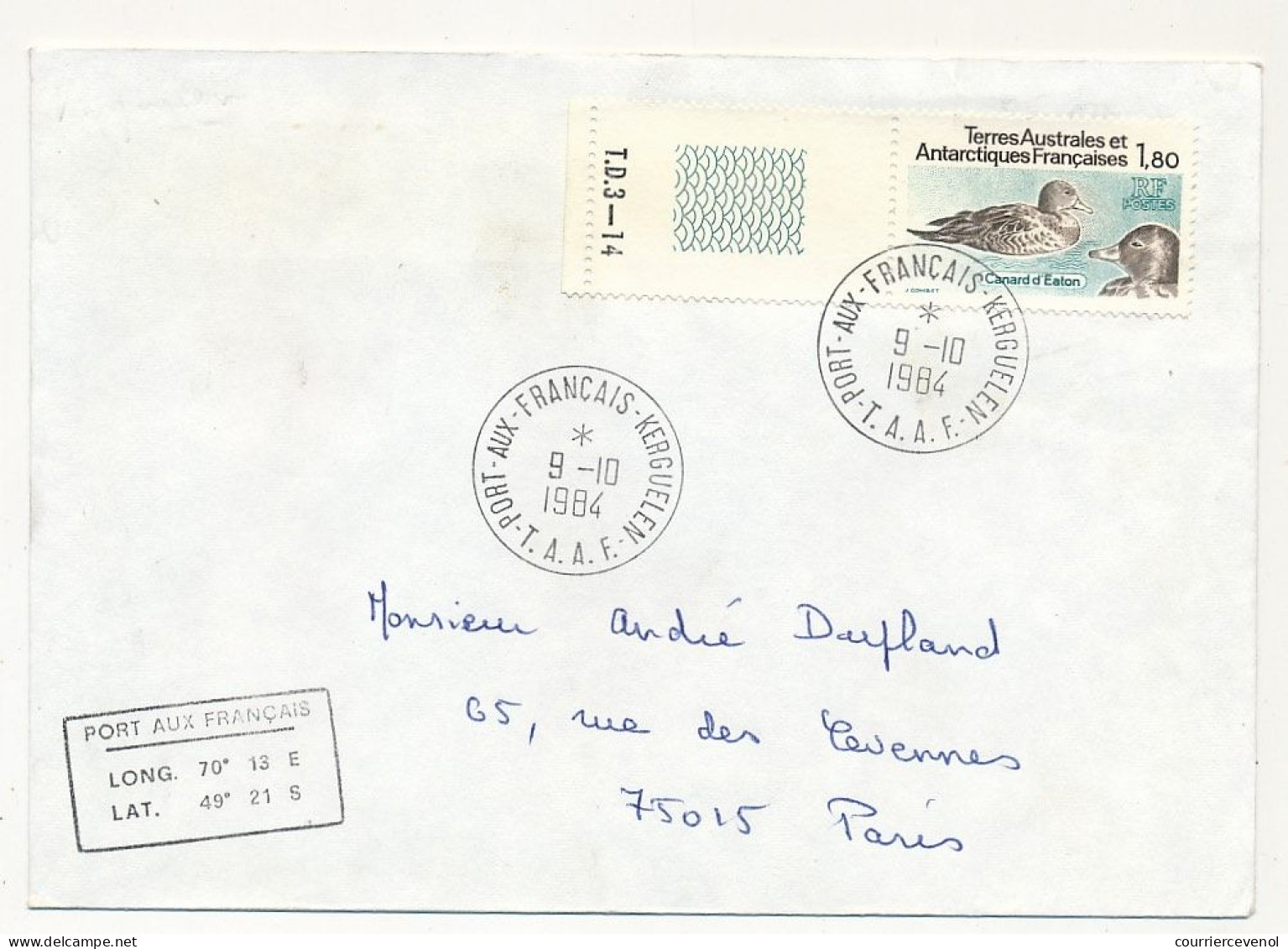 TAAF - Env. Aff 1,80 Canard D'Eaton, Obl Port Aux Français Kerguelen 9/10/1984 - Lettres & Documents
