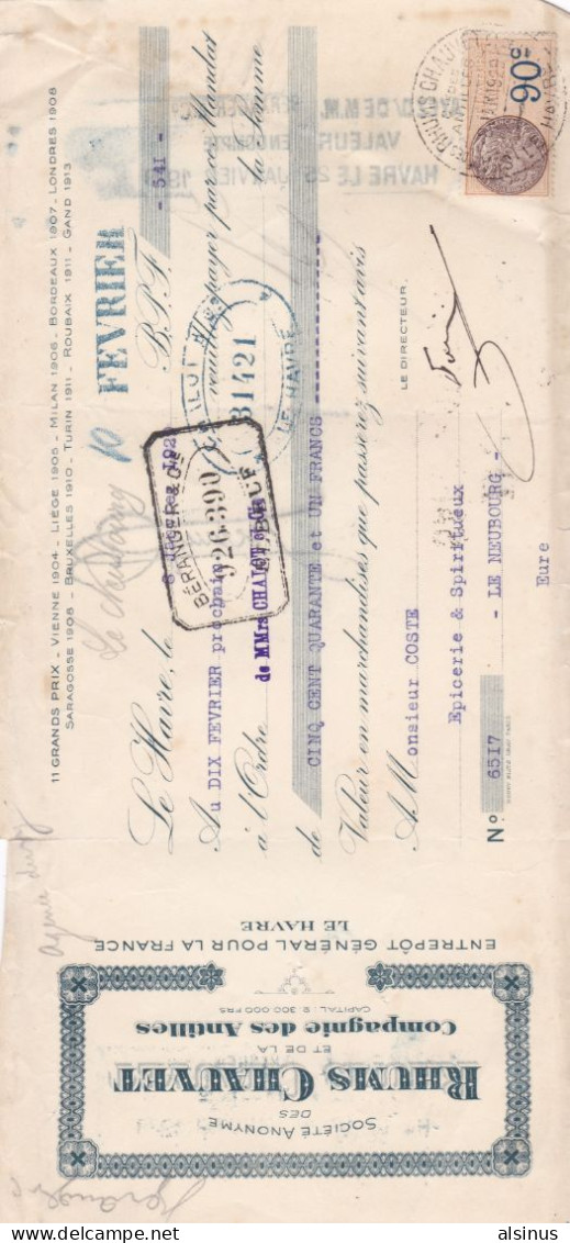 RHUMS CHAUVET - TROIS MANDATS DE PAIEMENT - 1929 - 1932 - 1935 - EPICERIE COSTE - LE NEUBOURG  (EURE) - Mercanti