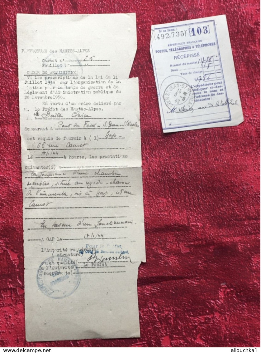 Pont-du-Fossé-St Jean-St Nicolas-WW2-1943-Ordre Réquisition (préfet-Pétain-Vichy)-à Gap Logement Faveur Fonctionnaire - Documents