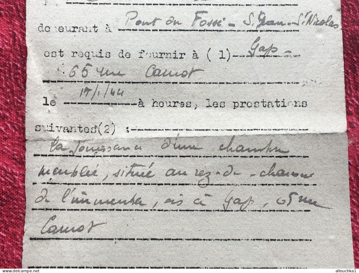 Pont-du-Fossé-St Jean-St Nicolas-WW2-1943-Ordre Réquisition (préfet-Pétain-Vichy)-à Gap Logement Faveur Fonctionnaire - Documents