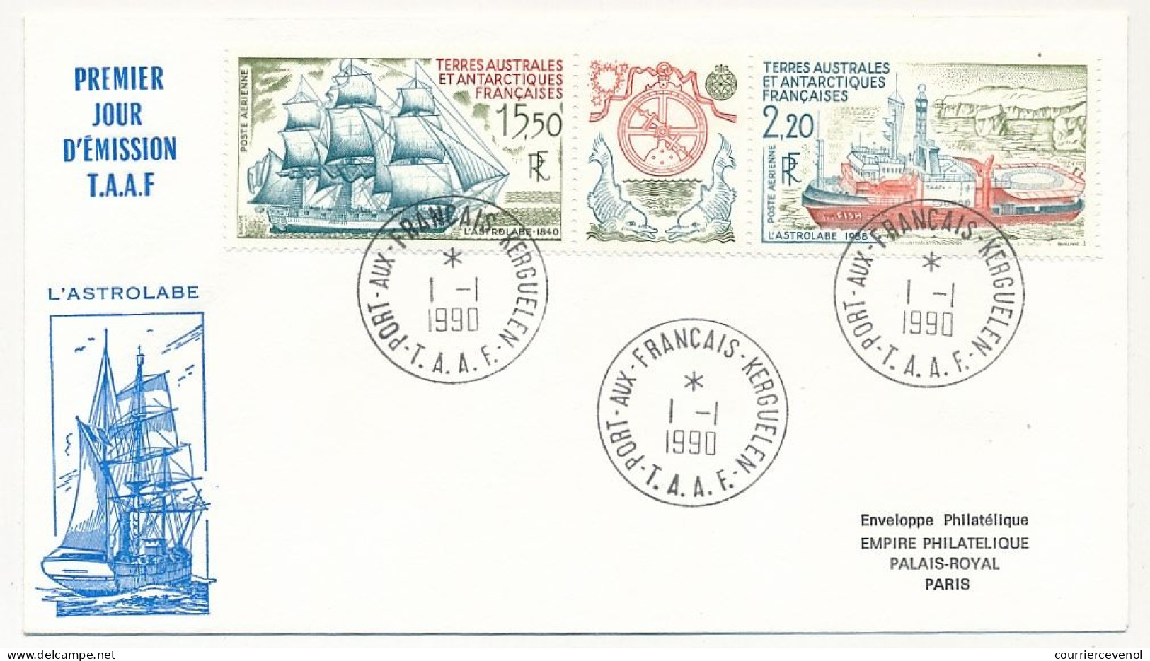 TAAF - Env. FDC Aff 2,20 + 15,50 L'Astrolabe, Obl Port Aux Français Kerguelen 1/1/1990 - Cartas & Documentos