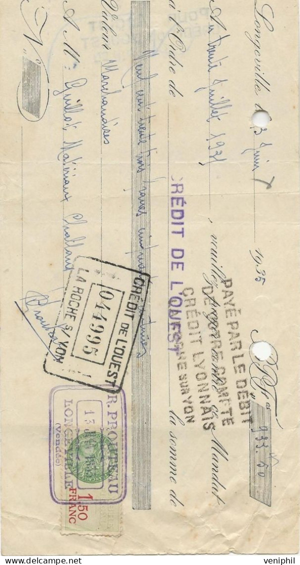 LETTRE DE CHANGE - TUILERIE MECANIQUE -R PROUTEAU - LONGEVILLE - VENDEE   ANNEE 1935 - Bills Of Exchange