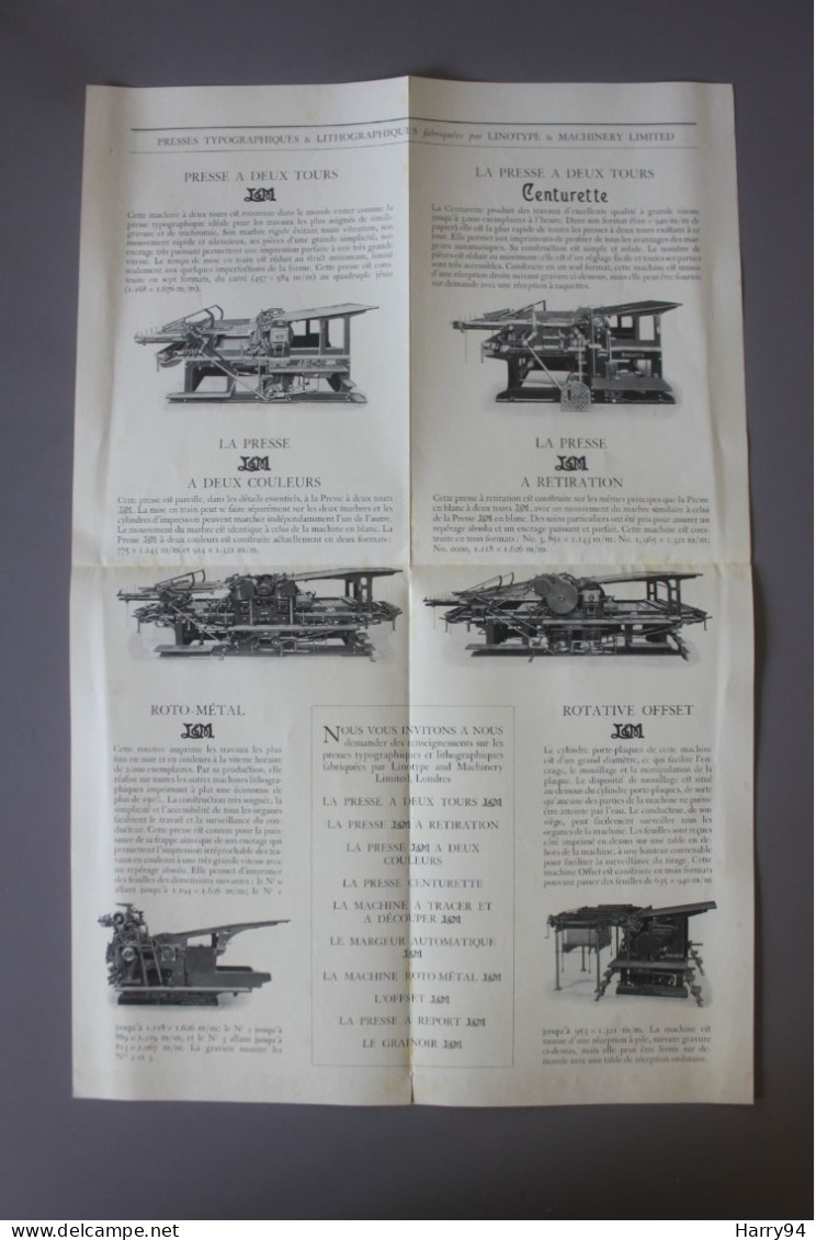 Dépliant Presses Typographiques & Lithographiques Fabriquées Par Linotype & Machinery Limited Octobre 1926 - Tools