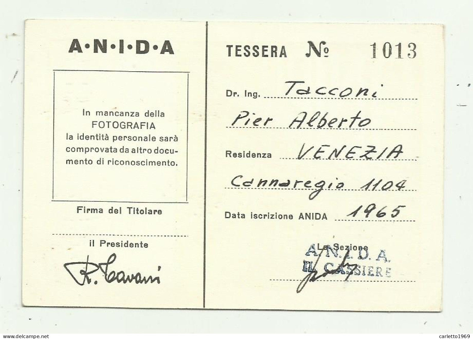 TESSERA ANIDA INGEGNERI 1965 - Lidmaatschapskaarten