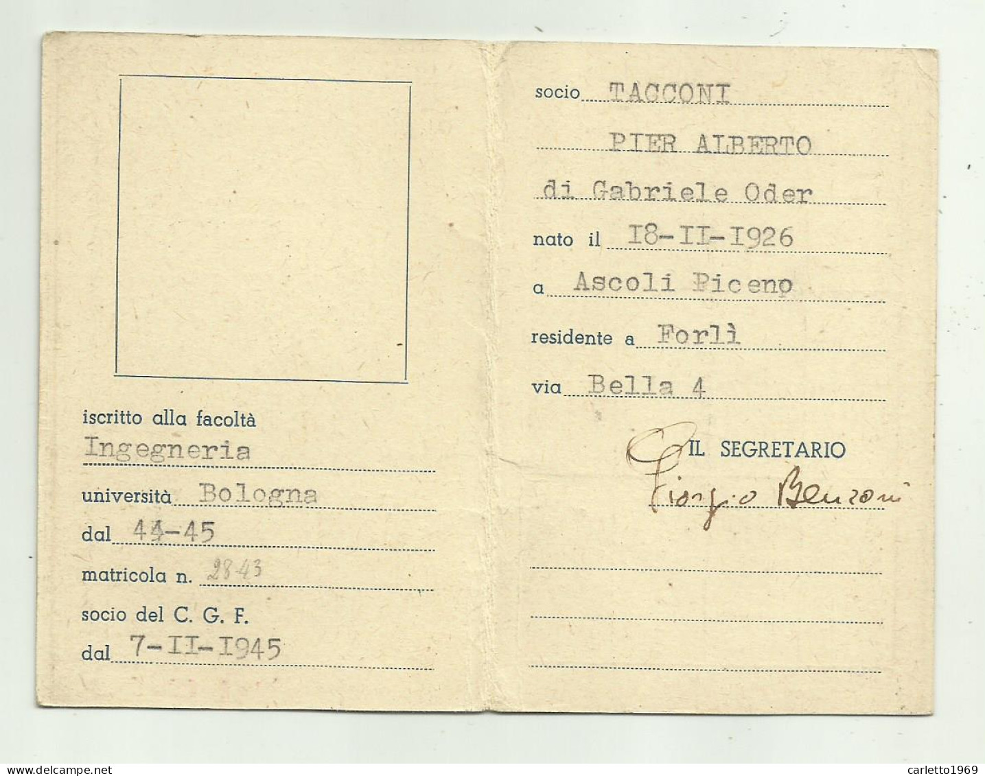 TESSERA CIRCOLO GOLIARDICO FORLIVESE 1943 - Membership Cards