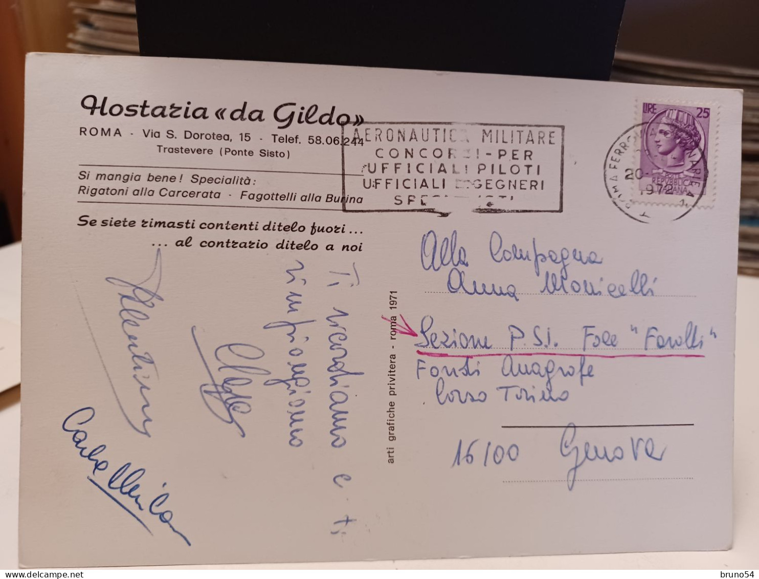 Cartolina Roma Hostaria Da Gildo Via S.Dorotea 15 Trastevere,Ponte Sisto, Ristorante 1972 - Bars, Hotels & Restaurants