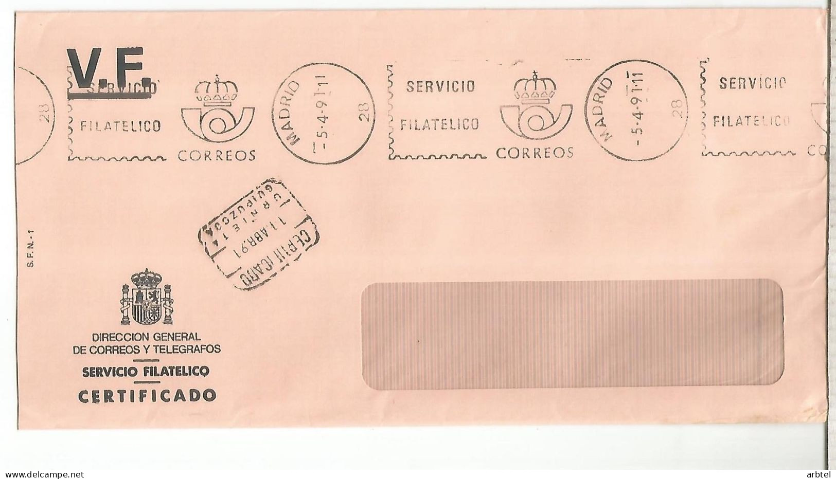 ESPAÑA SERVICIO FILATELICO RODILLO 1991 CERTIFICADA LLEGADA URNIETA - Franchigia Postale