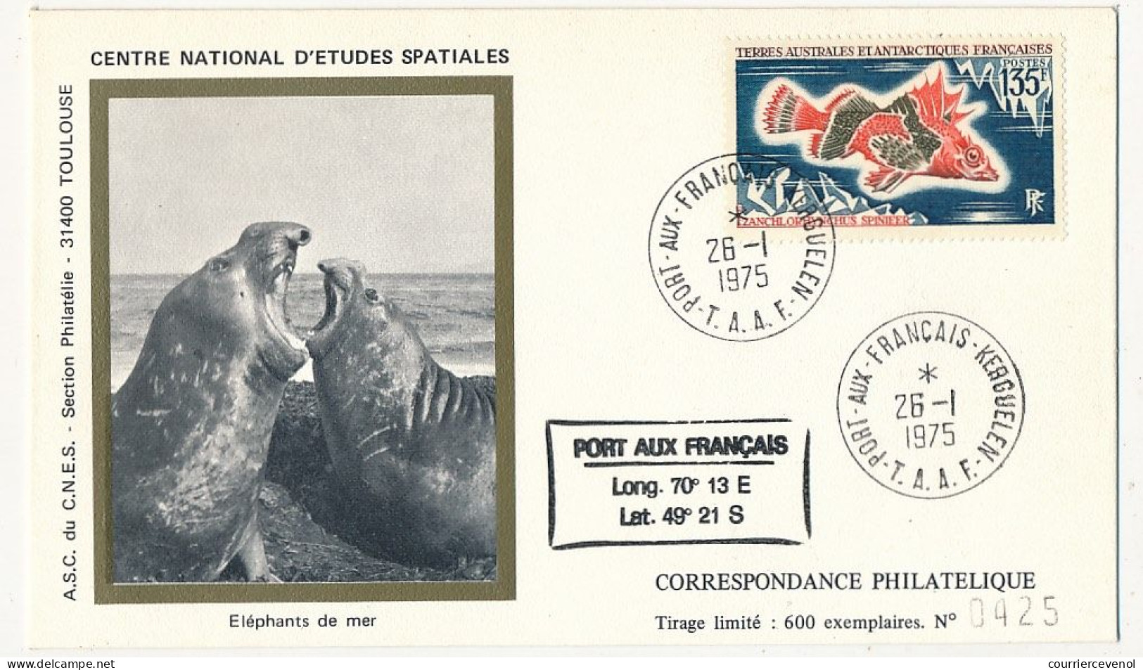 TAAF - Env. CNES - 135F Eléphants De Mer - Obl. Port Aux Français - Kerguelen - 26/1/1975 - Cartas & Documentos