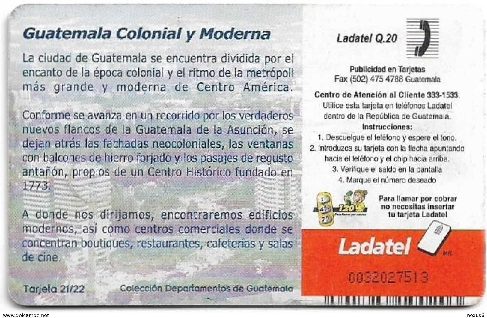 Guatemala - Telgua Ladatel - Departments Of Guatemala, Ciudad De Guatemala, Gem5 Red, 2004, 20Q, Used - Guatemala