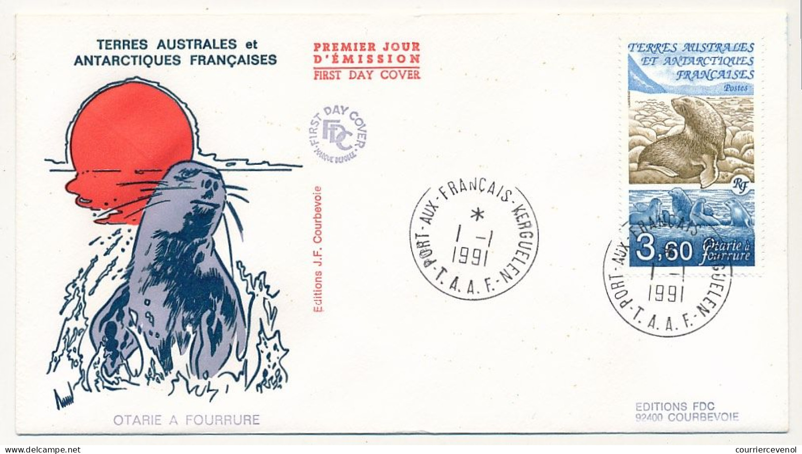 TAAF - Env. FDC 3,60 Otarie à Fourrure - Obl. Port Aux Français - Kerguelen - 1/1/1991 - FDC