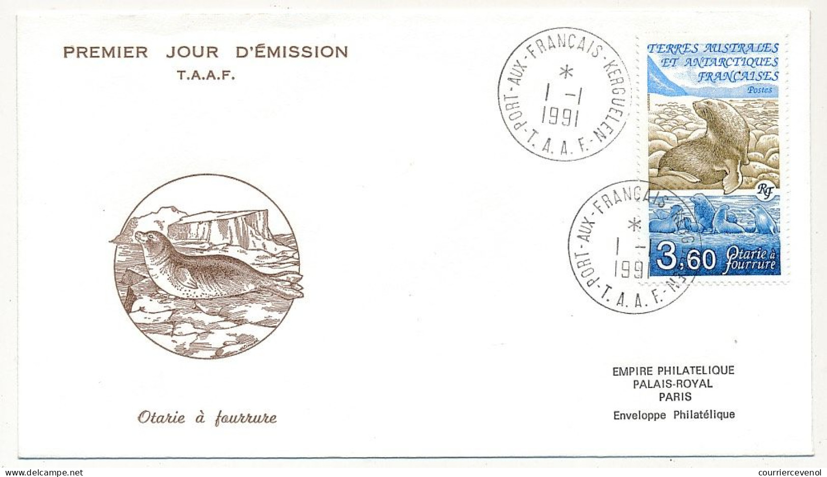 TAAF - Env. FDC 3,60 Otarie à Fourrure - Obl. Port Aux Français - Kerguelen - 1/1/1991 - FDC