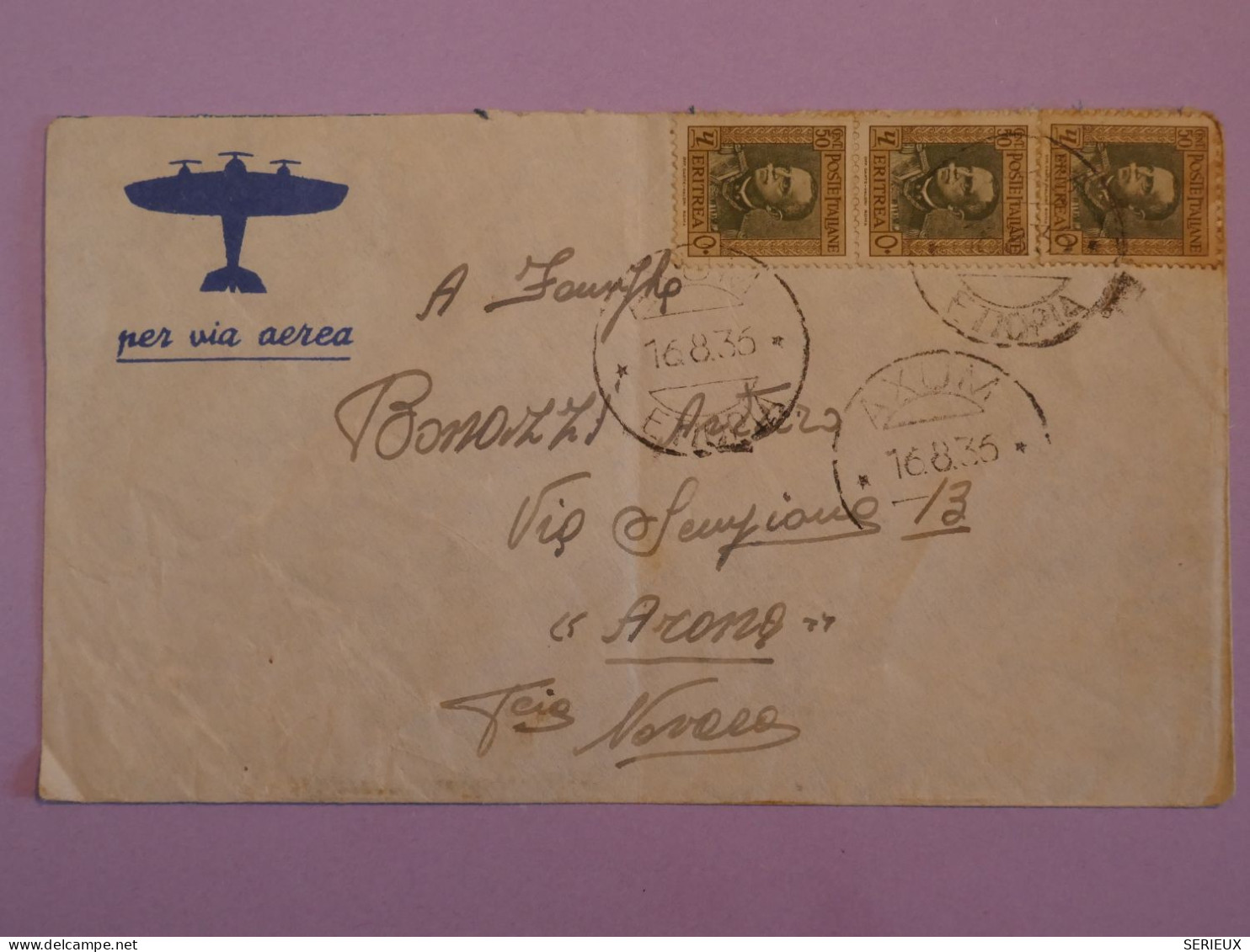 AD20 ERITREA  BELLE LETTRE BINATIONALITé ETIOPIA 1936 AXUM  A ARONA ITALIA  ++ BANDE DE 3 TP+++ - Ethiopië