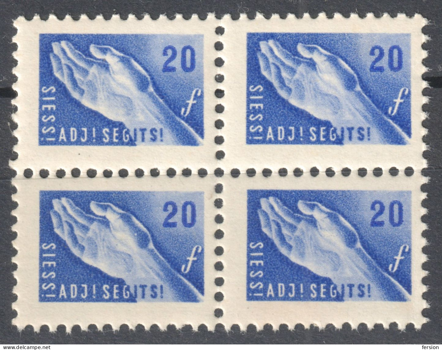 1947 Hungary HUMAN AID - SIESS ADJ SEGÍTS SAS Charity CINDERELLA LABEL VIGNETTE - HAND - Block Of Four - Fiscale Zegels