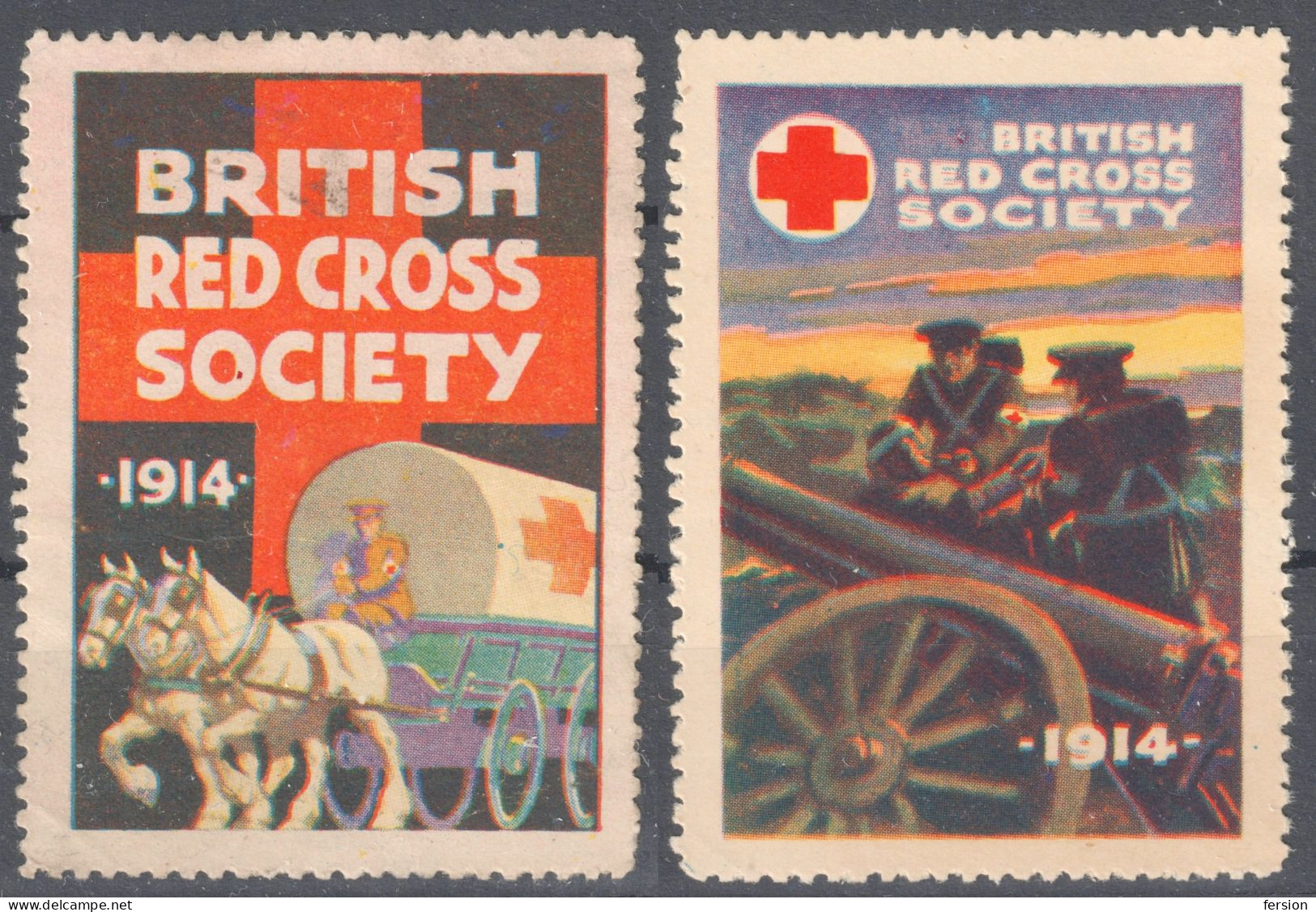 British Red Cross Society 1914 Britain Delandre CINDERELLA LABEL VIGNETTE Horse Carriage Soldier War Gun WW1 Military - Cinderella