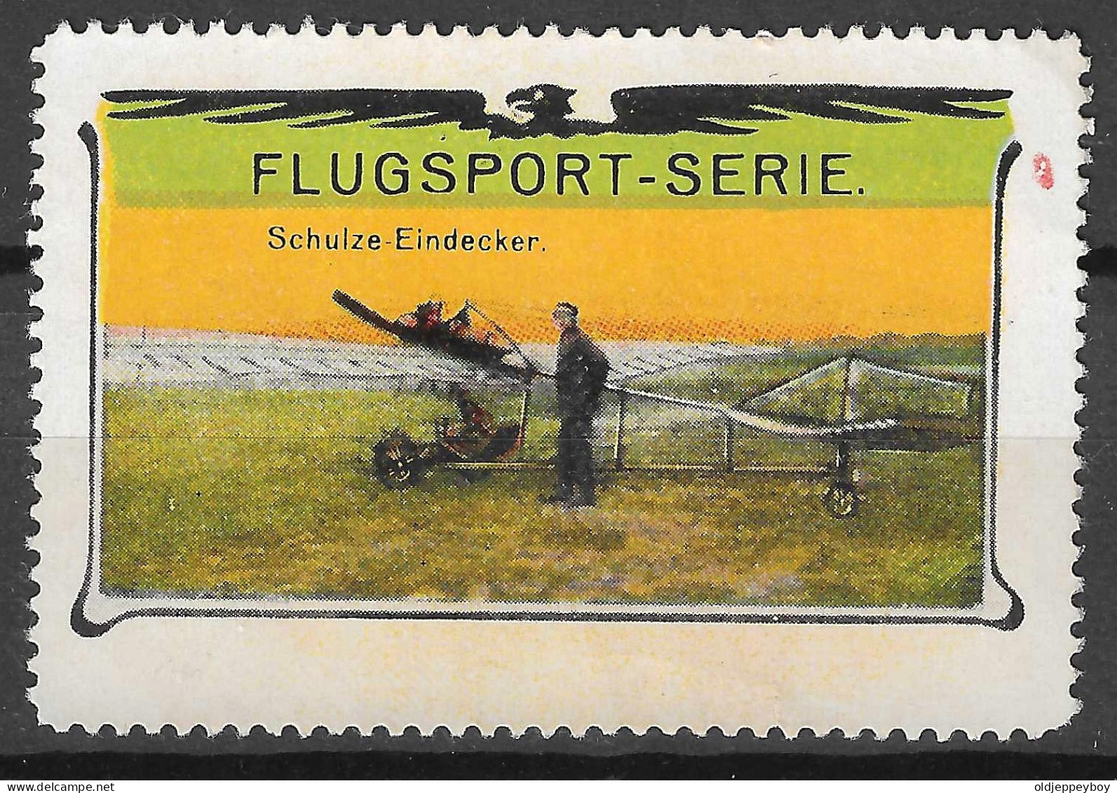 VIGNETTE CINDERELLA  Reklamemarke FLUGSPORT - SERIE Airplane, Flugzeug  SCHULZE - EINDECKER  MNG EXTRA FINE - Cinderellas