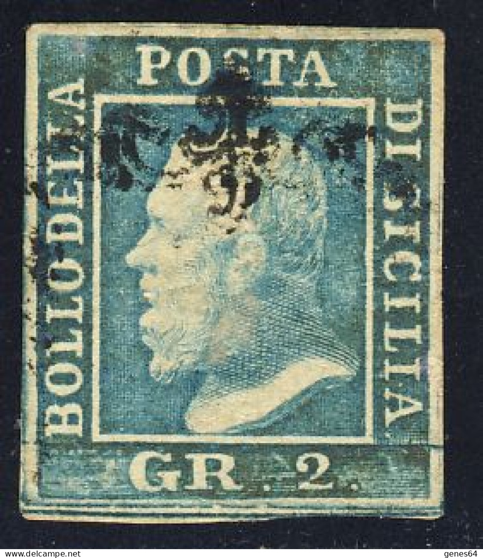 1859 - 2 Gr. Azzurro Chiaro III Tavola Con Ottimi Margini Bianchi E Annullo Non Deturpante - Ottimo Esemplare - Sicile