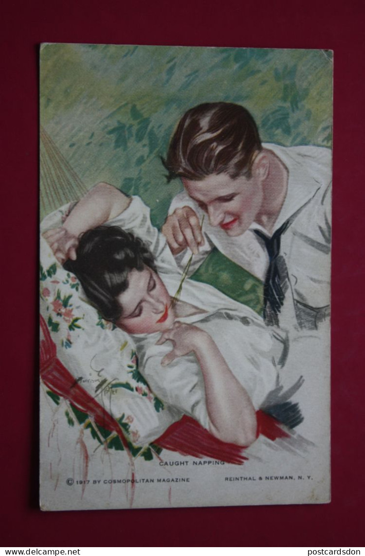 Old Postcard  -1920s: REINTHAL & NEWMAN  - Harrison Fisher "Caught Napping" - Romantic Couple - Fisher, Harrison