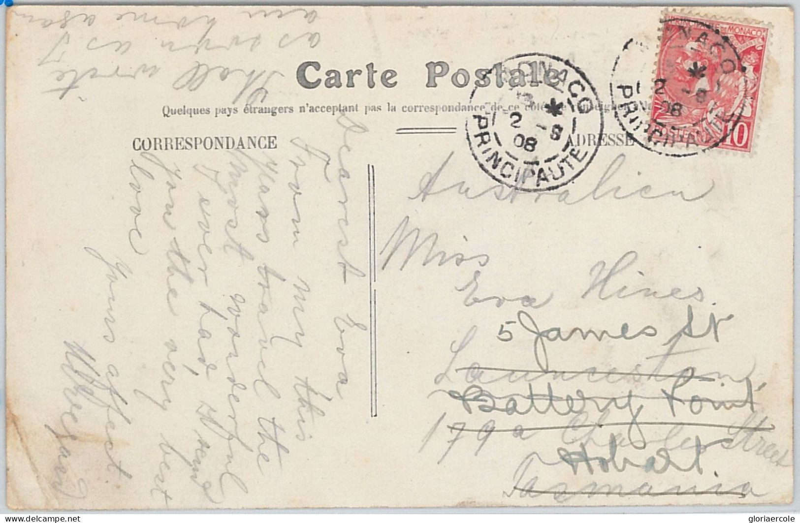 58182  -  MONACO  - POSTAL HISTORY: POSTCARD To TASMANIA!   1908 - Briefe U. Dokumente