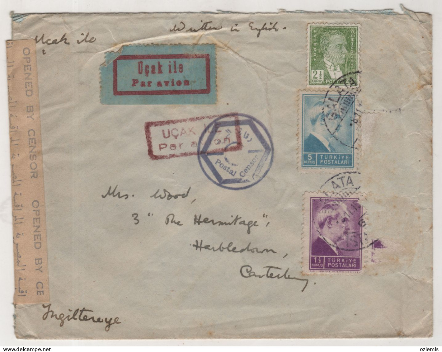 TURKEY,TURKEI,TURQUIE ,ISTANBUL TO IENGLAND ,,1943 ,CENSOR, EGYPTIAN ,CENSORSHIP ,COVER - Covers & Documents